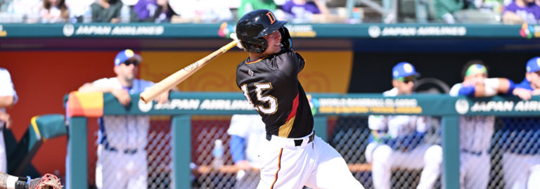 TUCSON, AZ - MARCH 03: Yannic Walther #15 of Team Germany hits during the game between the Team Brazil and the Team Germany at Veterans Memorial Stadium at Kino Sports Complex on Monday, March 3, 2025 in Tucson, Arizona. (Photo by Norm Hall/MLB Photos via Getty Images)